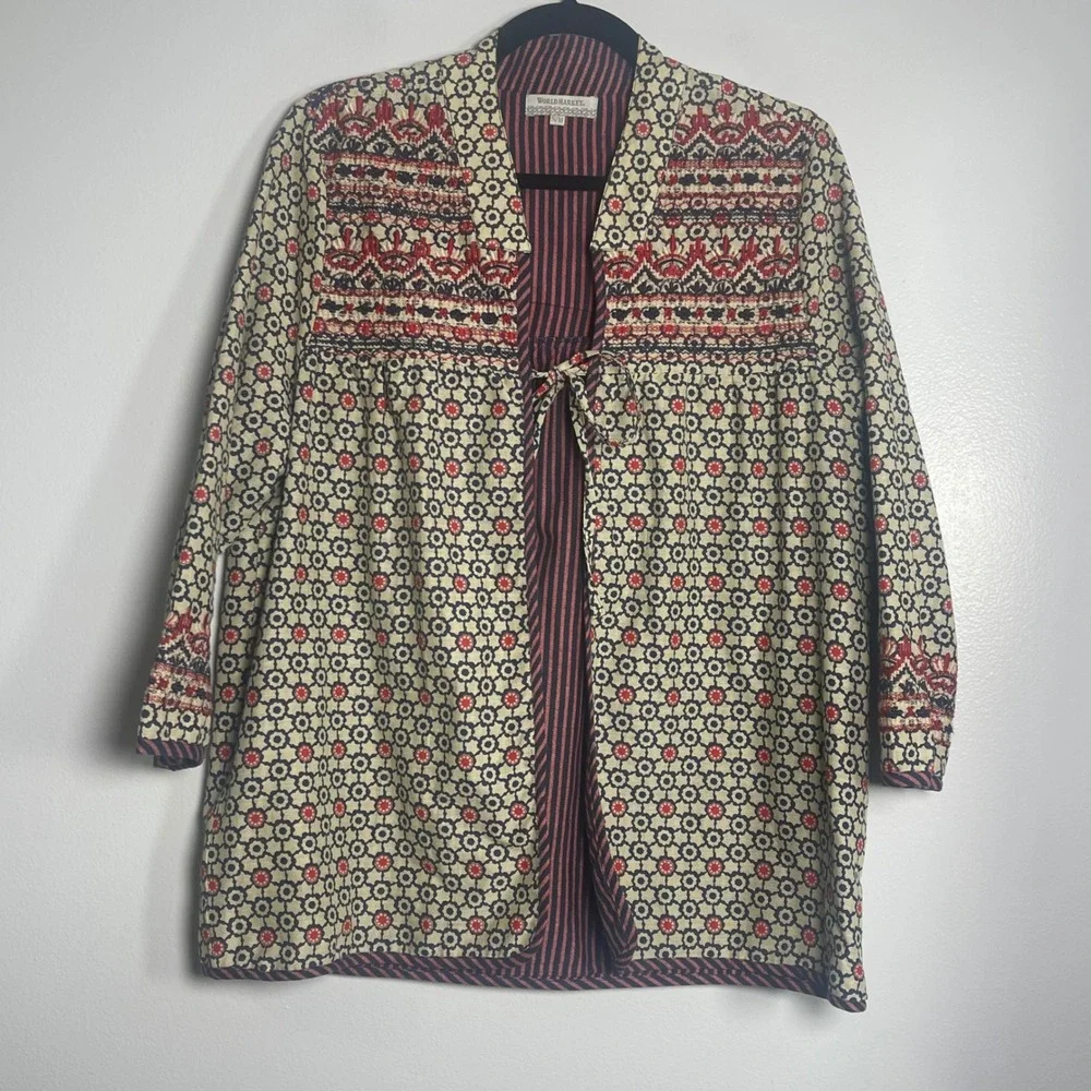 WORLD MARKET Embroidered Open Front Kimono Jacket Cardigan S/M‎ Neutral Bohemian